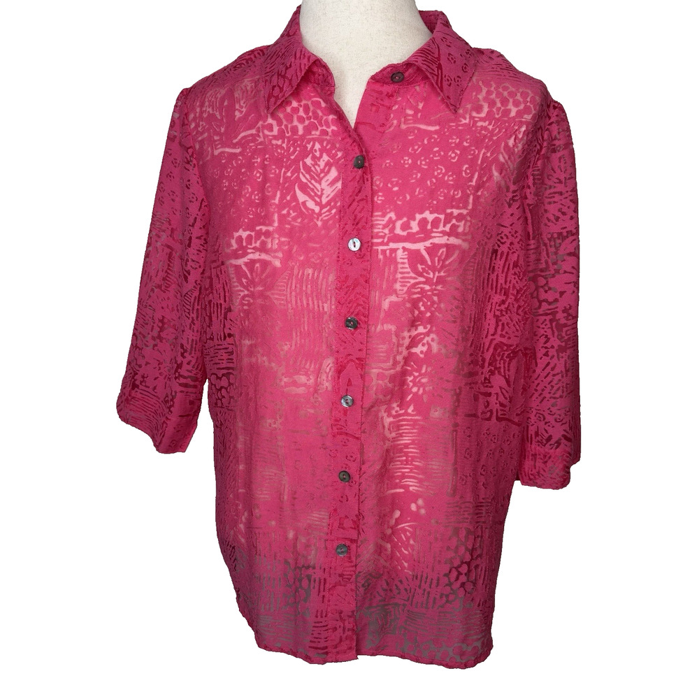 White Stag Women’s 3/4 Sleeve Blouse Bright Pink Semi Sheer Mesh Cutouts Size 16